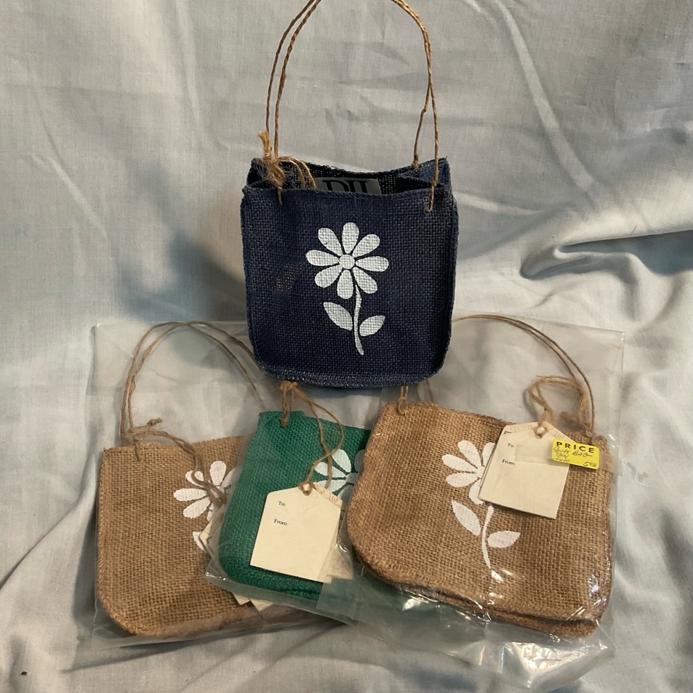 Gift Bag Set 100% Jute - Blue, Green, Tan, 9”x3” for Soap/Candles. (#4)